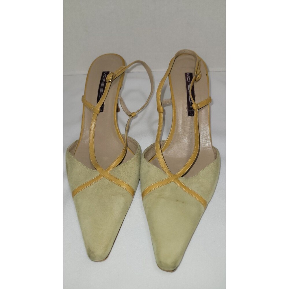 MORESCHI Green Yellow Strappy Heels Slingbacks Pointy Toe Women’s Size 38 ½ 8.5